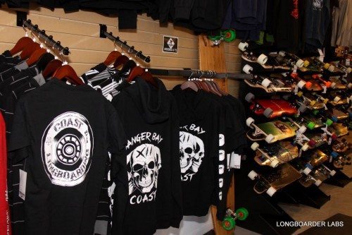 coast longboarding merchandise: hoodies shirts and stickers