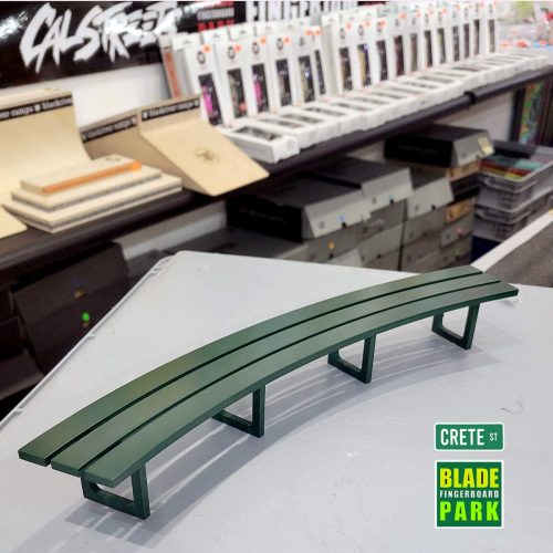 Crete Street green curved bench Fingerboard Blade Fingerboard Park Vancouver