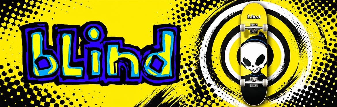 Yellow Blind Big Head Soft Top complete skateboard with skull artwork against a yellow, black and white halftone background.